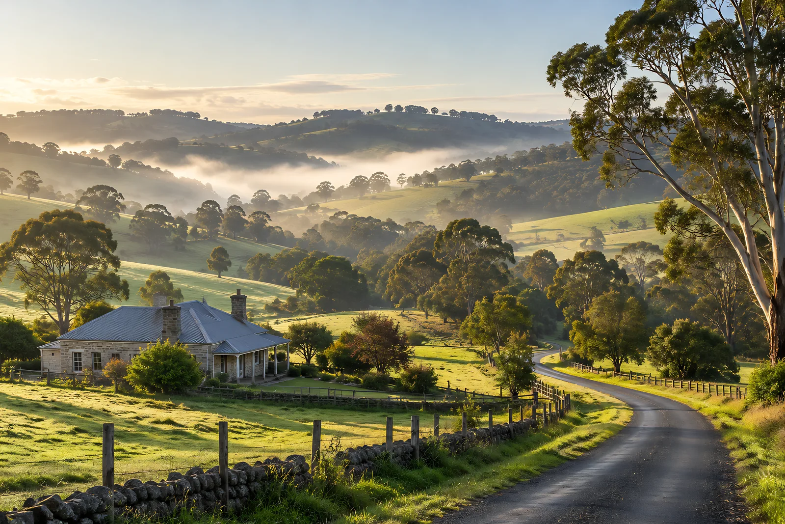 Green hills, gum trees and a stone farmhouse in the Adelaide Hills