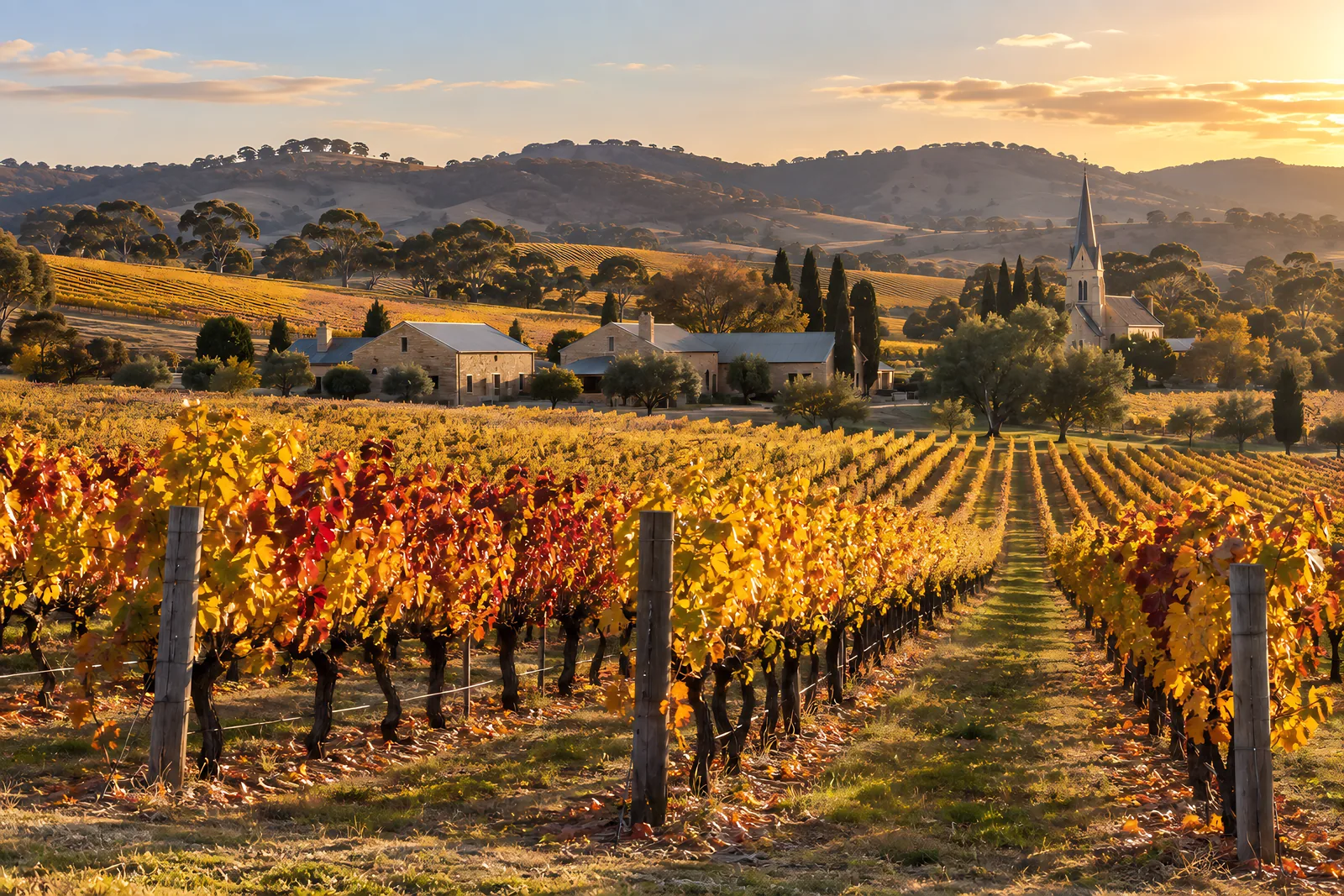 Autumn vineyards with stone buildings and a church spire in the Barossa