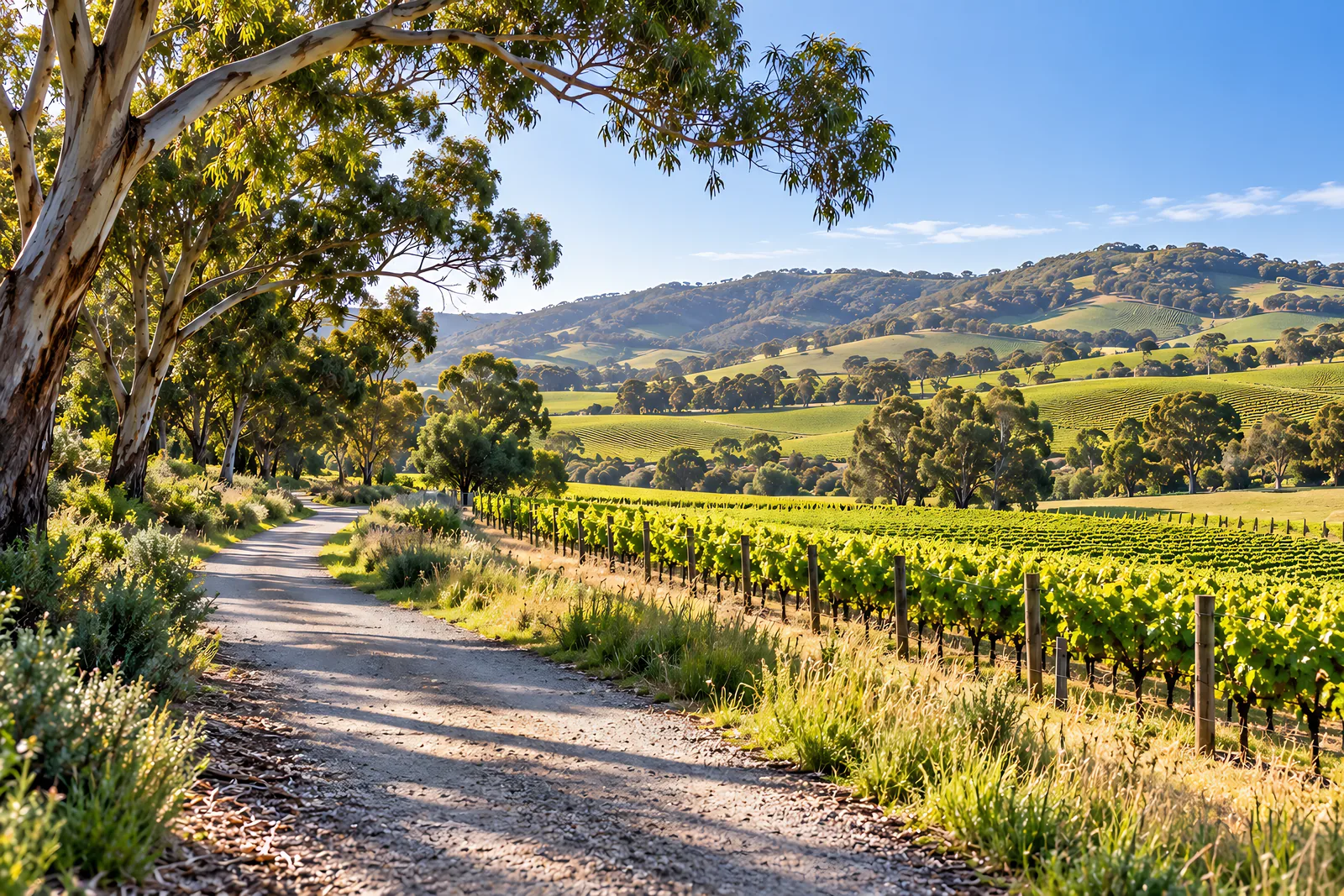 Gravel trail winding past vineyards and gum trees in the Clare Valley
