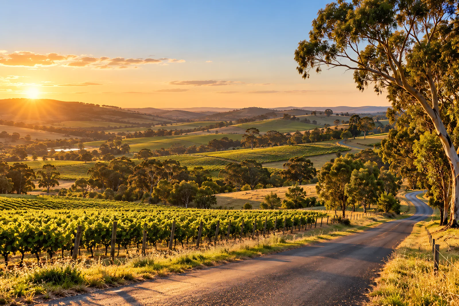 Rolling hills, vineyards and gum trees in the South Australian countryside at sunset