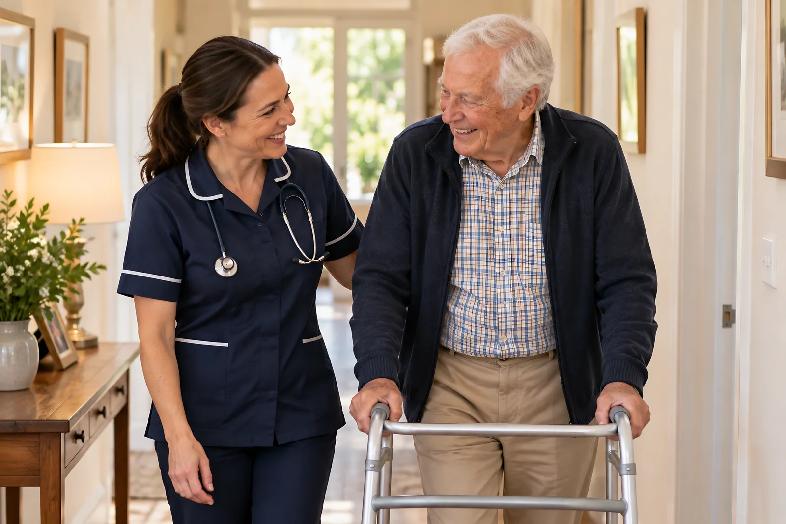 Community nurse walking beside an older man using a walking frame at home