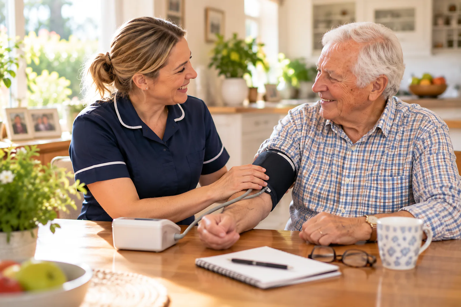 Community nurse taking an older man's blood pressure at his dining table