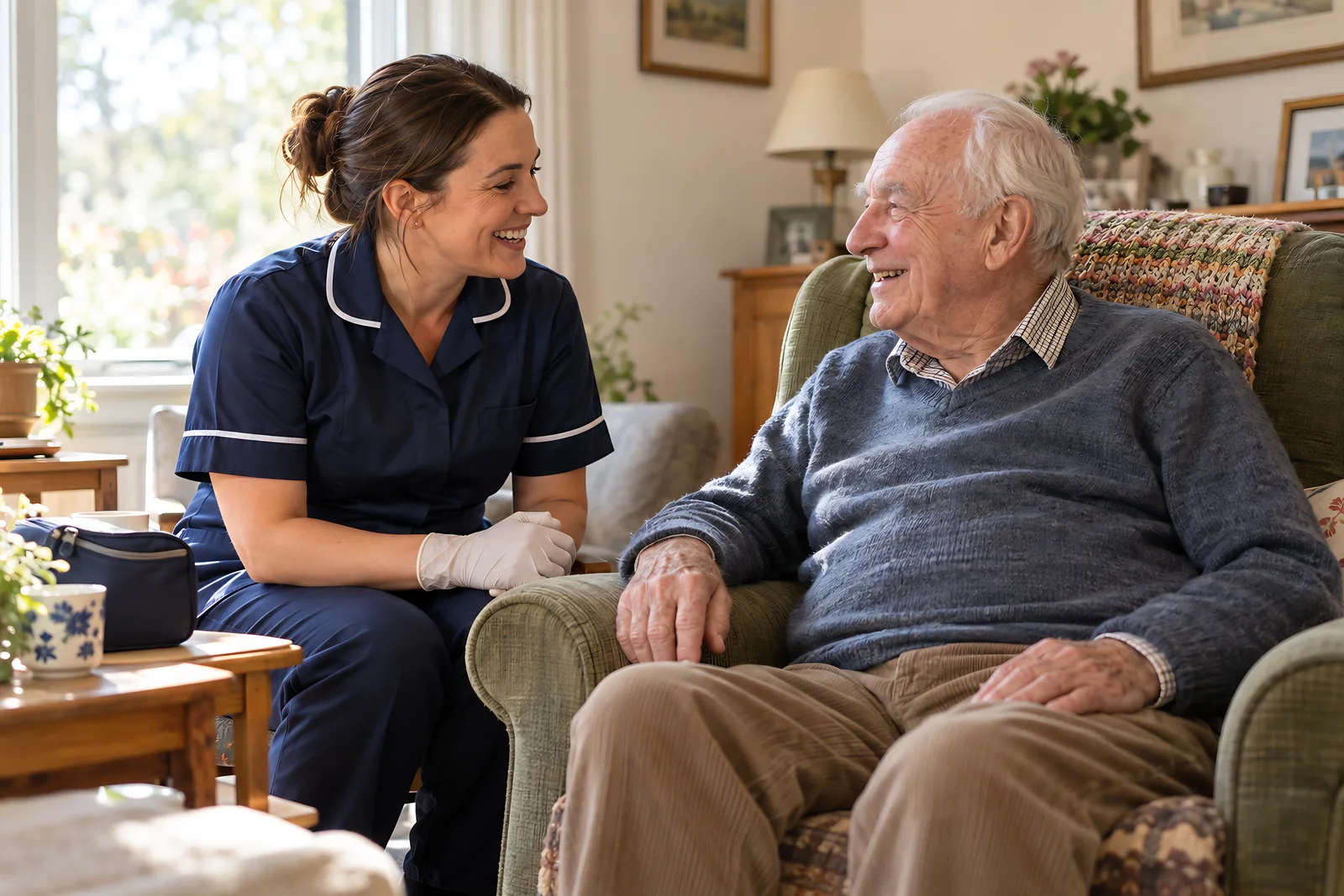 Community nurse wearing gloves chatting with an older man in his armchair