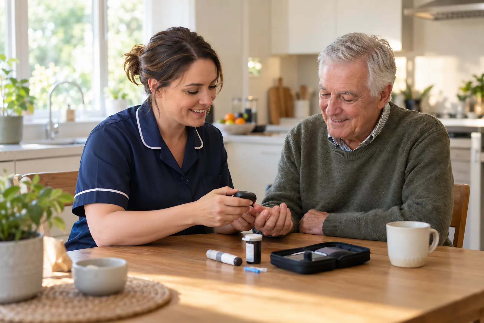 Community nurse helping an older man check his blood glucose at the kitchen table