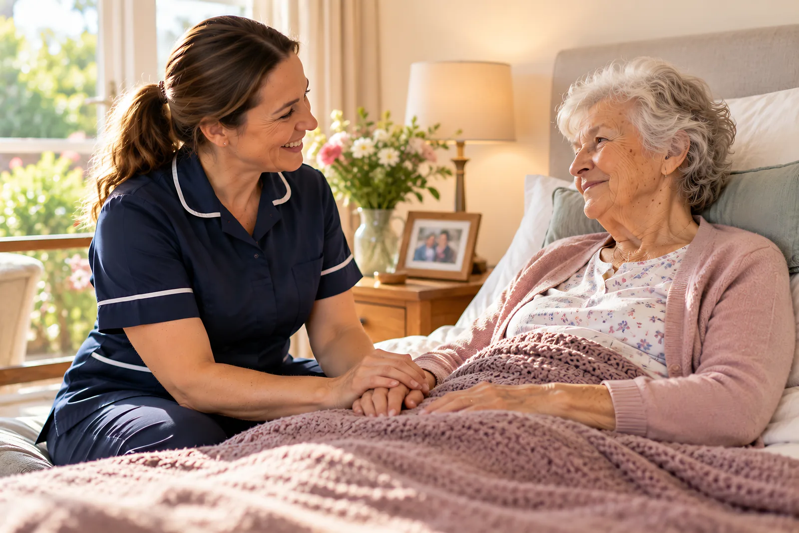 Nurse gently holding the hand of an elderly woman resting in bed at home