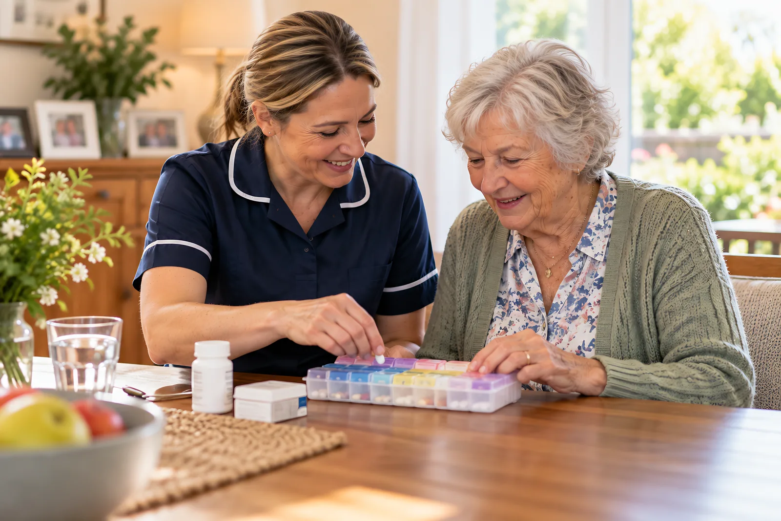 Community nurse and an older woman sorting a weekly pill organiser at the table