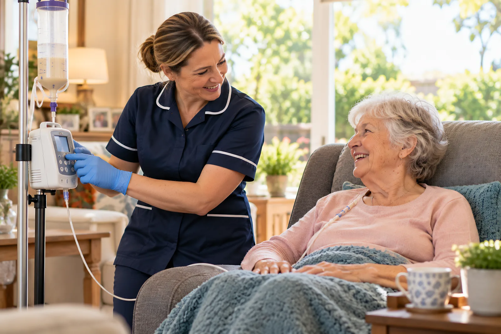 Community nurse checking a feeding pump beside an older woman resting in a recliner