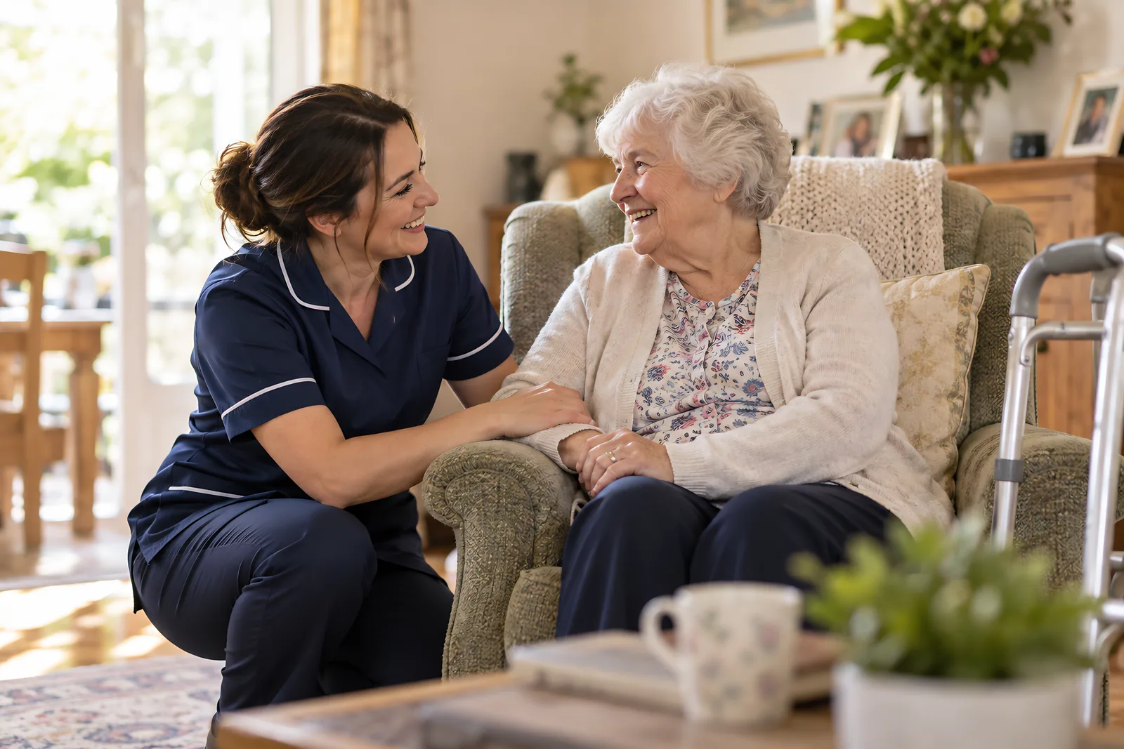 Community nurse kneeling to chat with an older woman in her armchair, a walking frame nearby