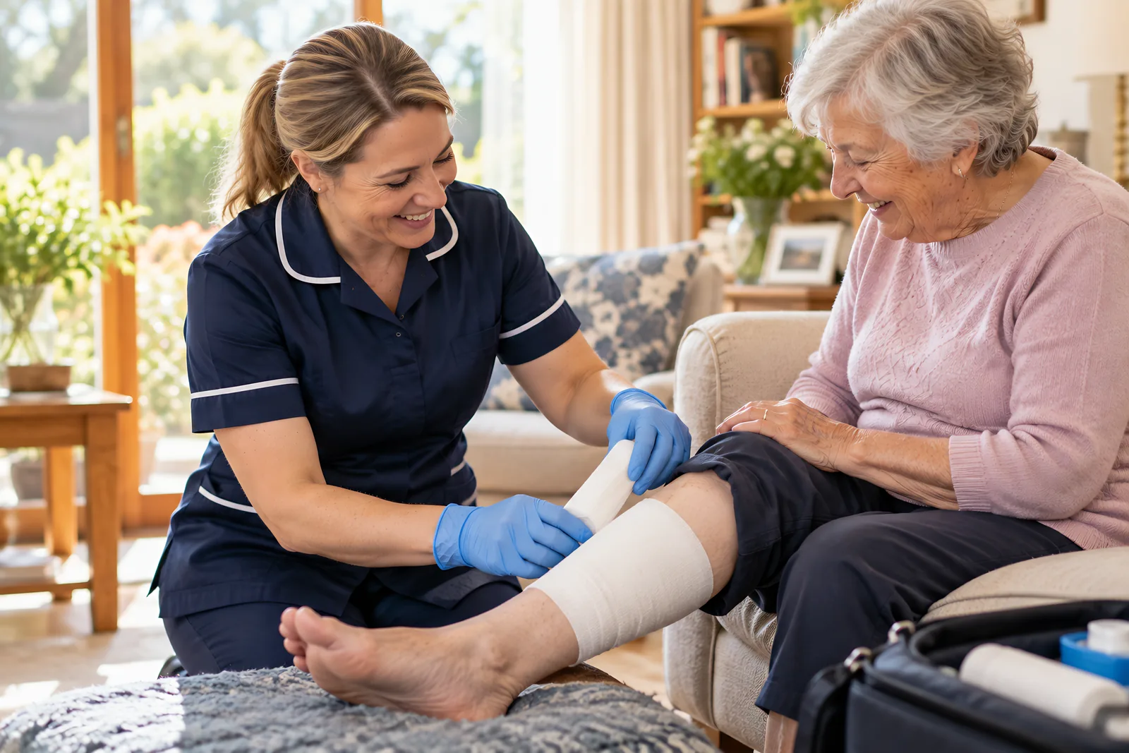Community nurse in gloves applying a clean bandage to an older woman's lower leg