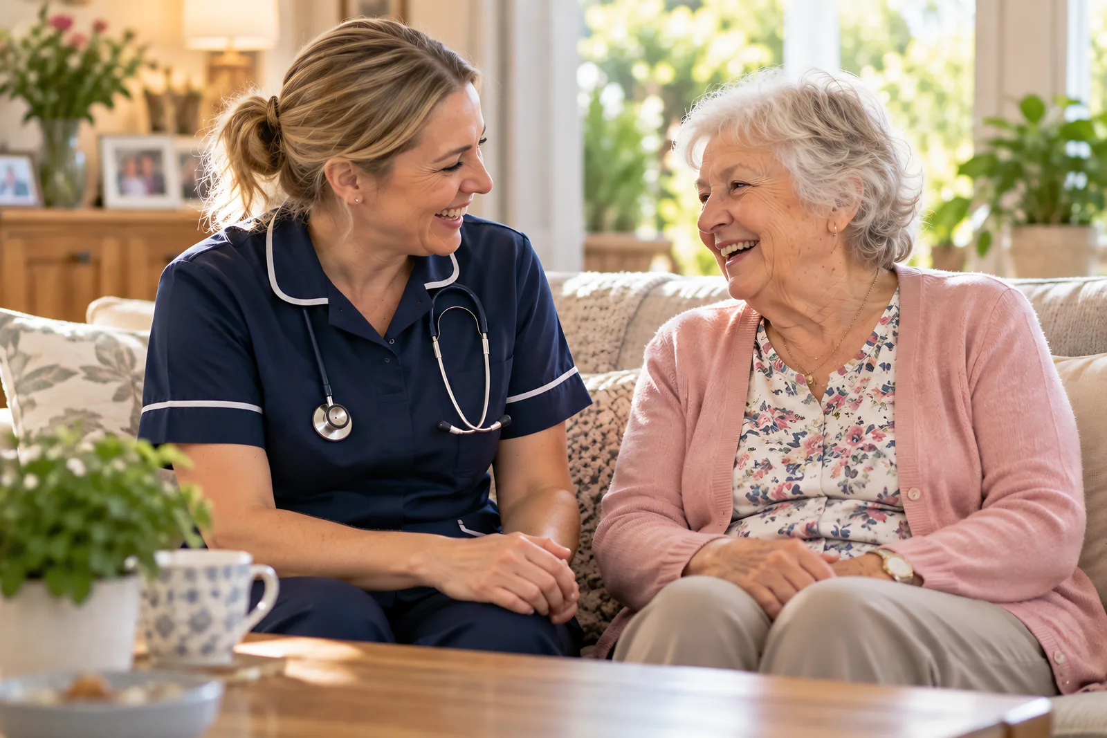 Community nurse laughing with an older woman on her sofa at home