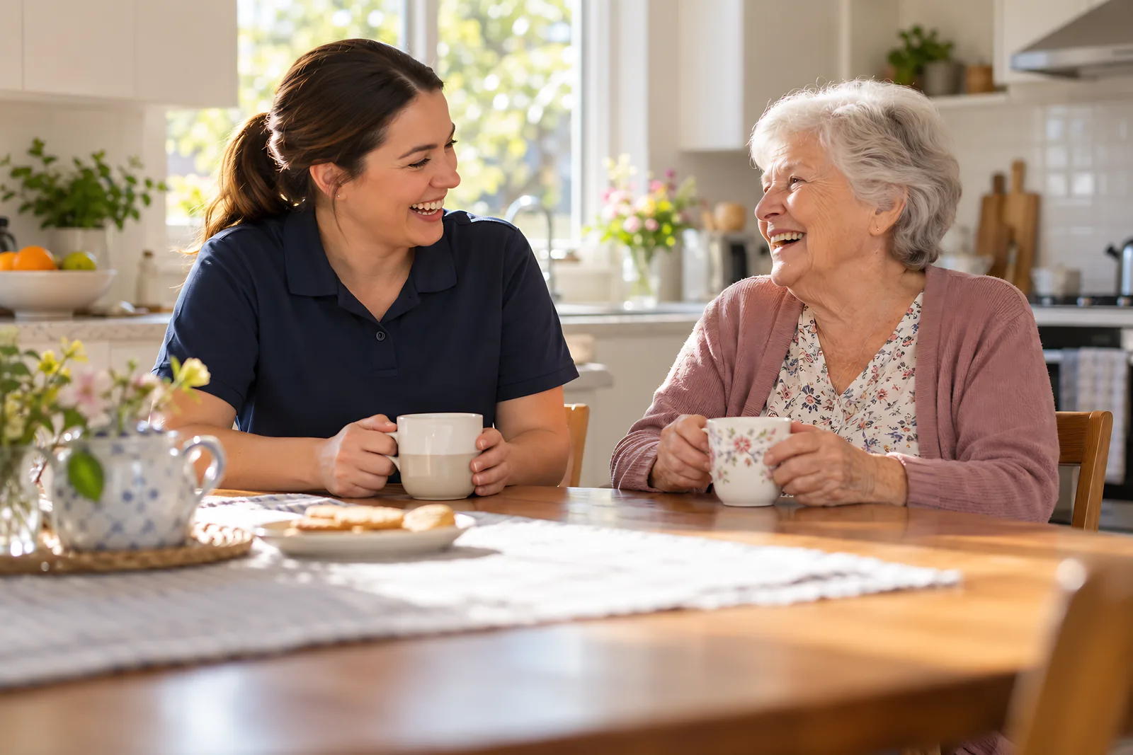 Support worker sharing a laugh with an older woman over cups of tea at her kitchen table