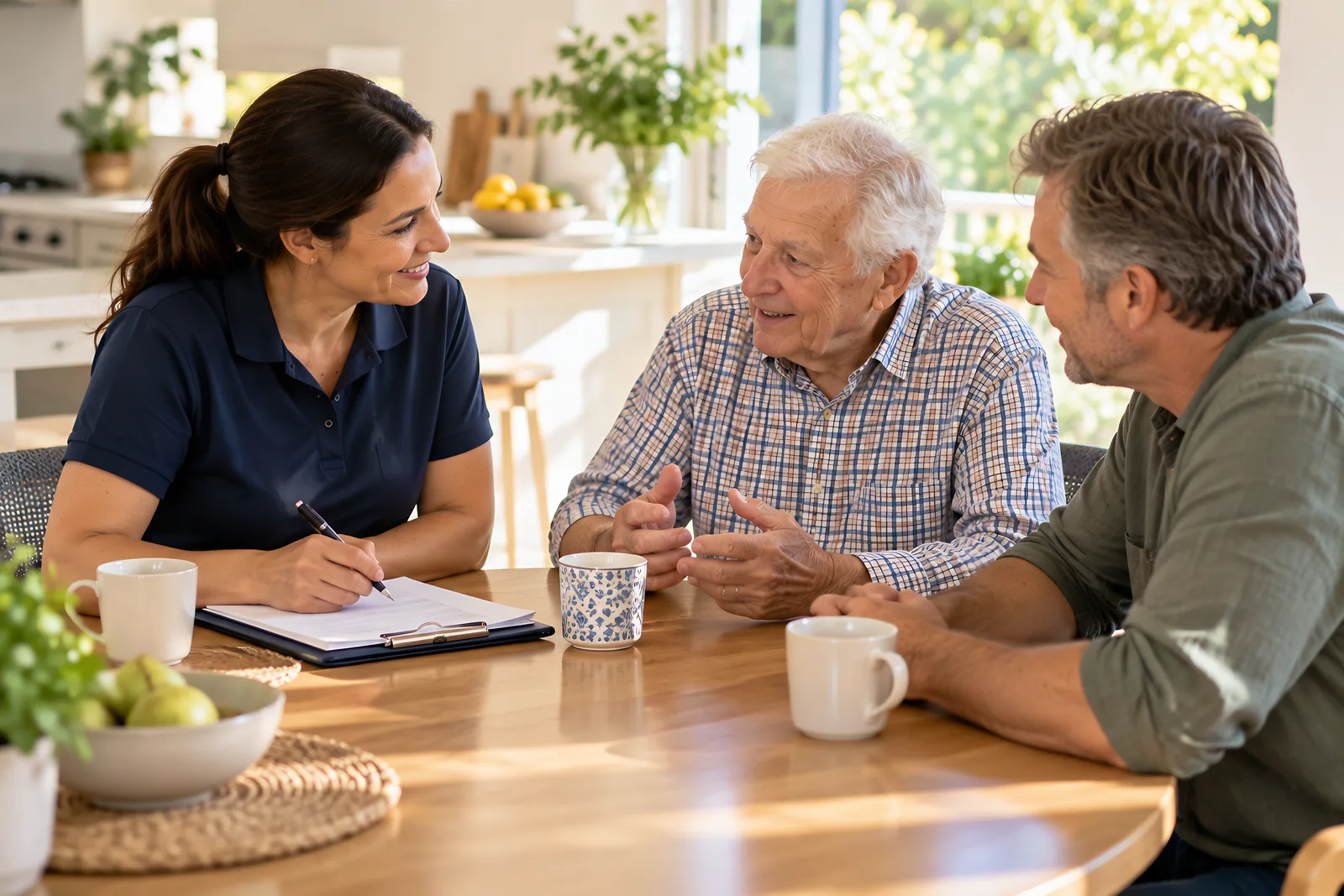Team member taking notes with an older man and his adult son at the kitchen table