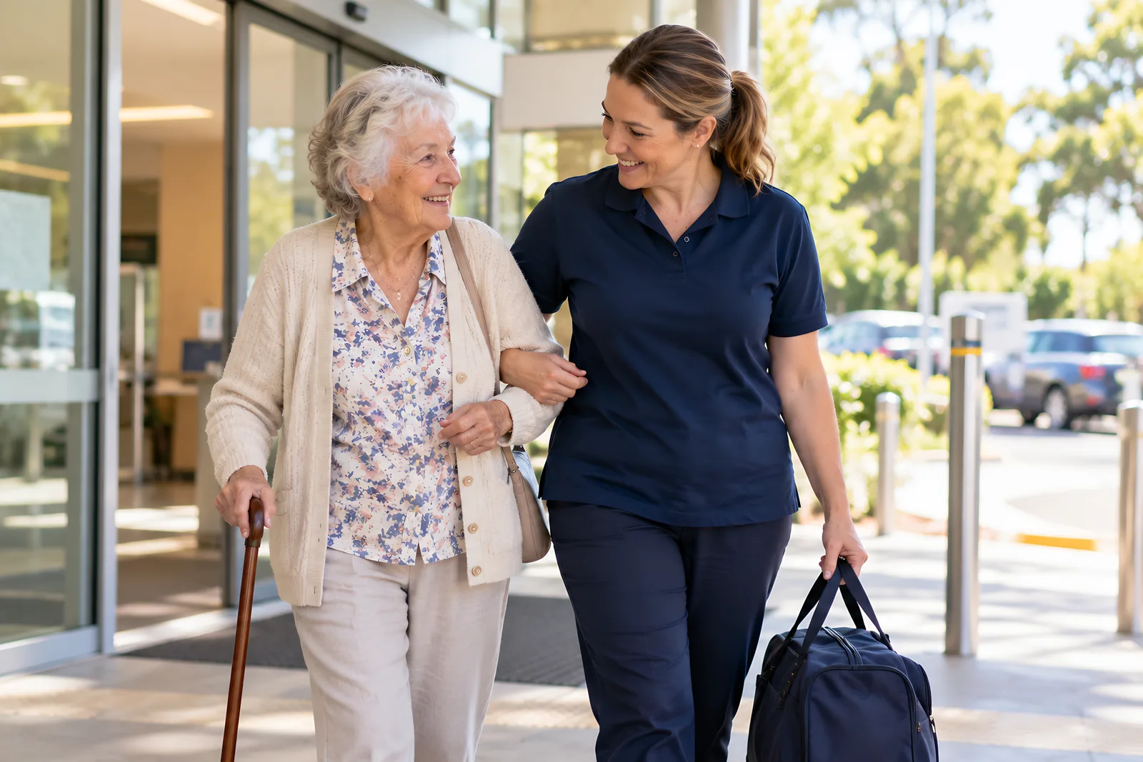 Support worker carrying a bag and walking an older woman with a walking stick out of hospital