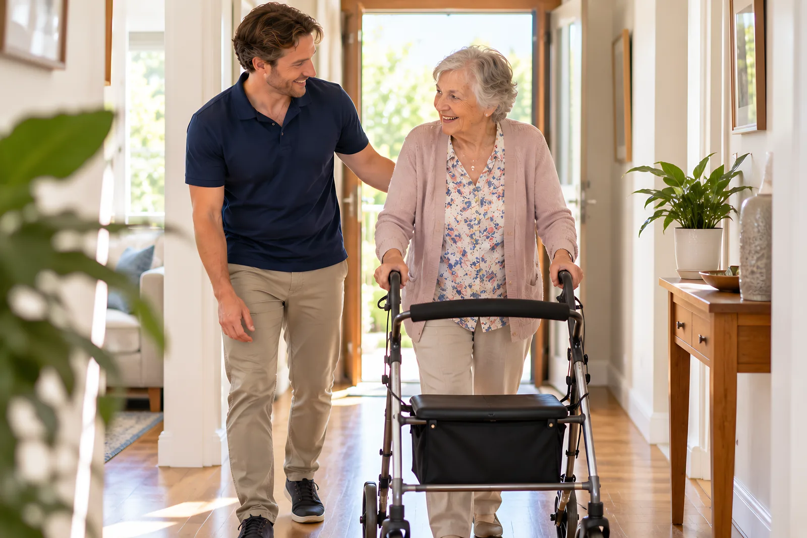 Physiotherapist guiding an older woman using a four-wheeled walker at home