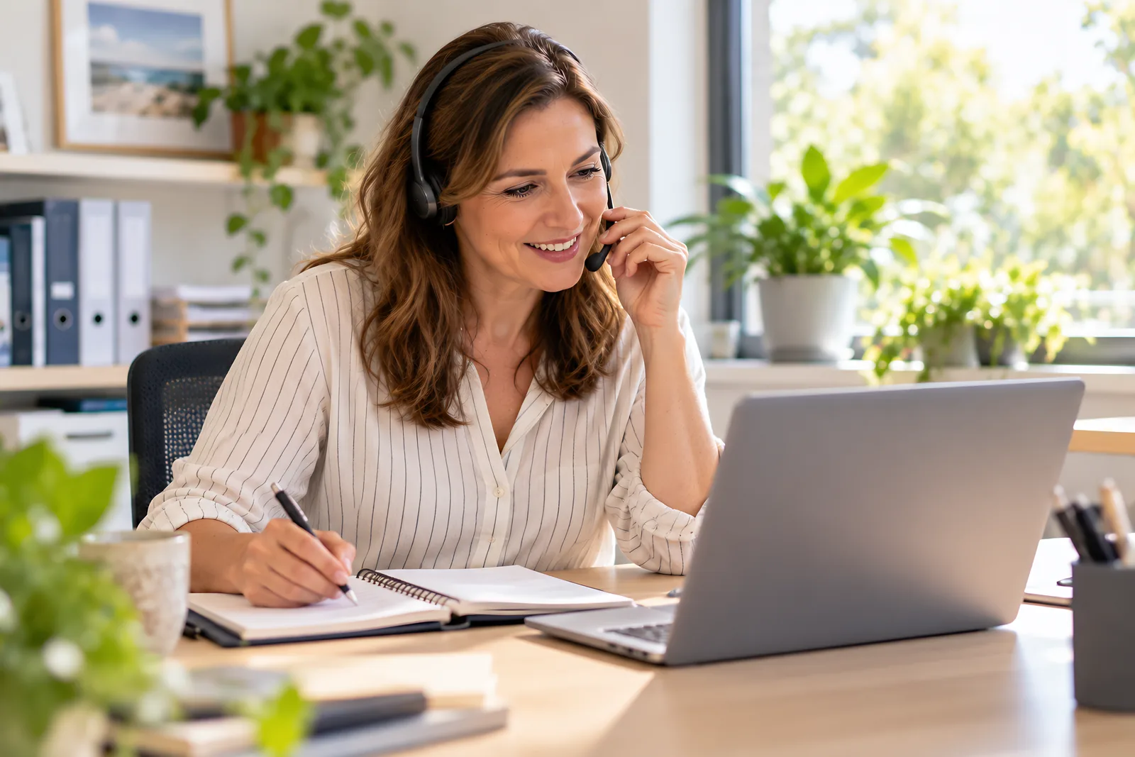 Care coordinator wearing a headset, taking notes on a call at her desk