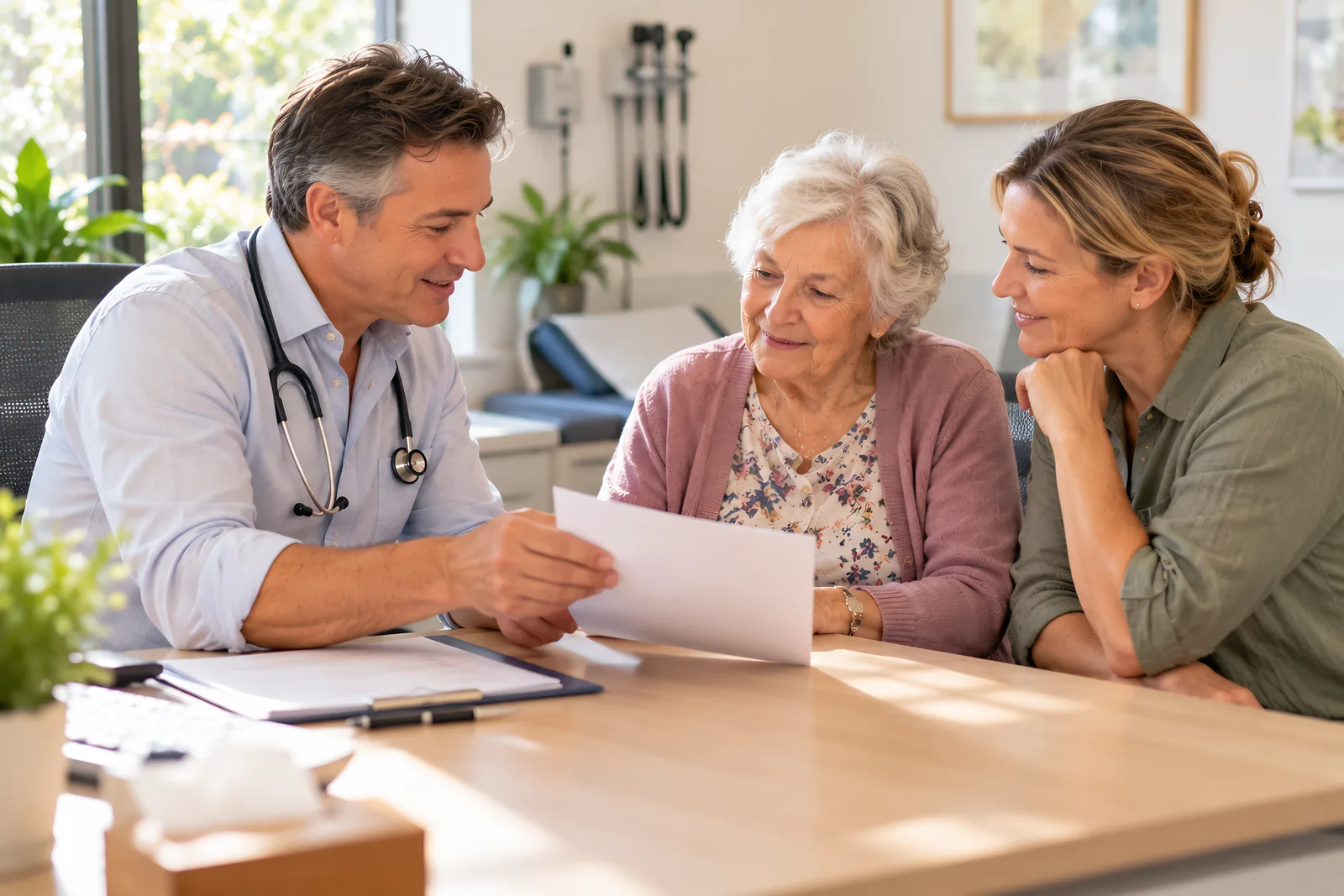 GP explaining a care plan to an older woman and her adult daughter