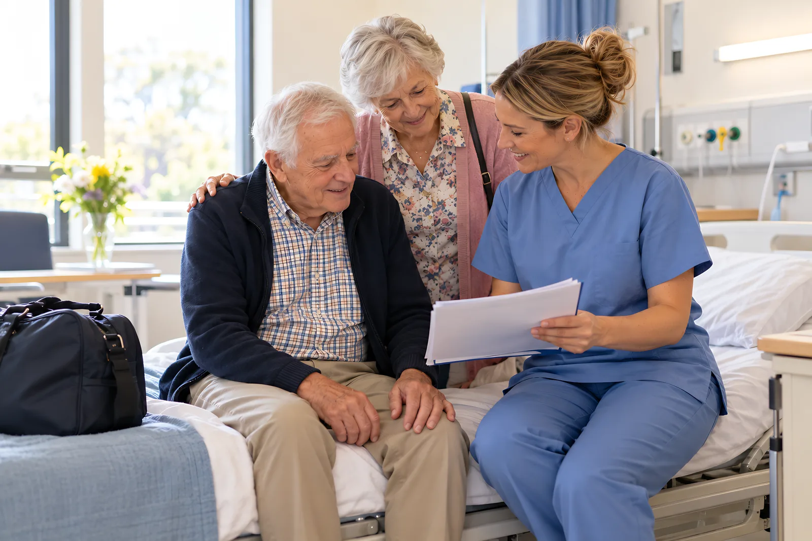 Hospital nurse going through discharge papers with an older man and his wife