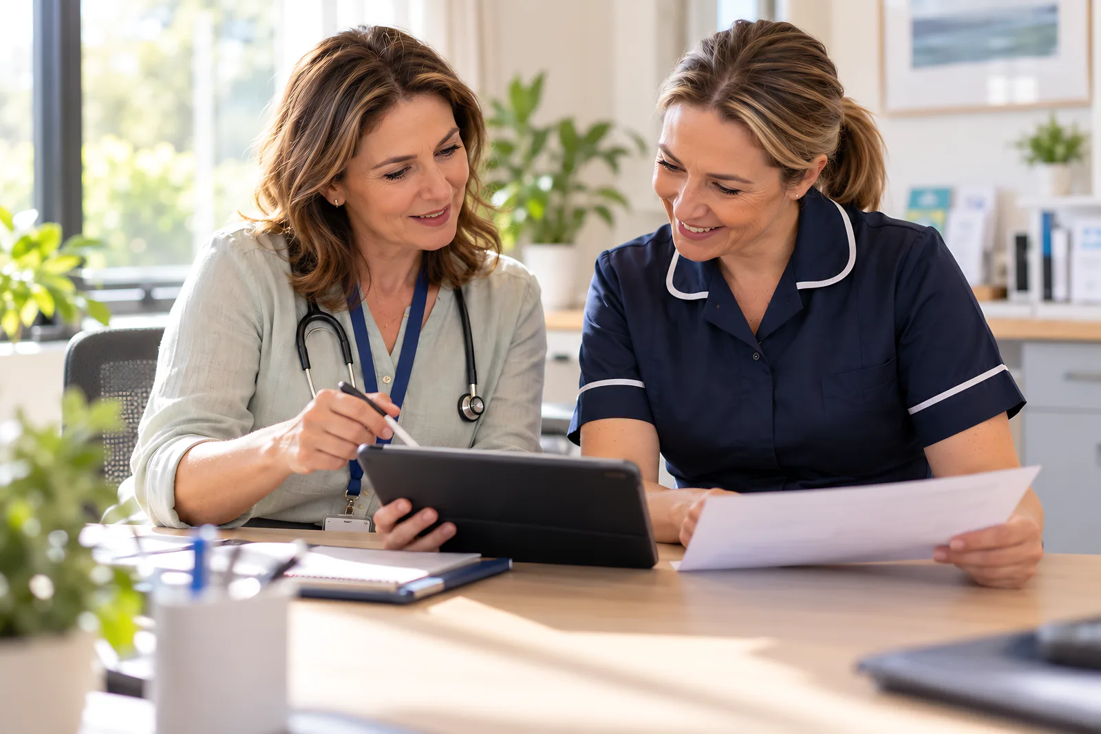 GP and community nurse reviewing care notes together at a clinic desk