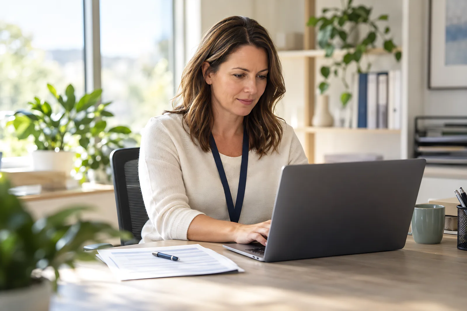 Discharge planner completing a referral on a laptop with a printed form beside her