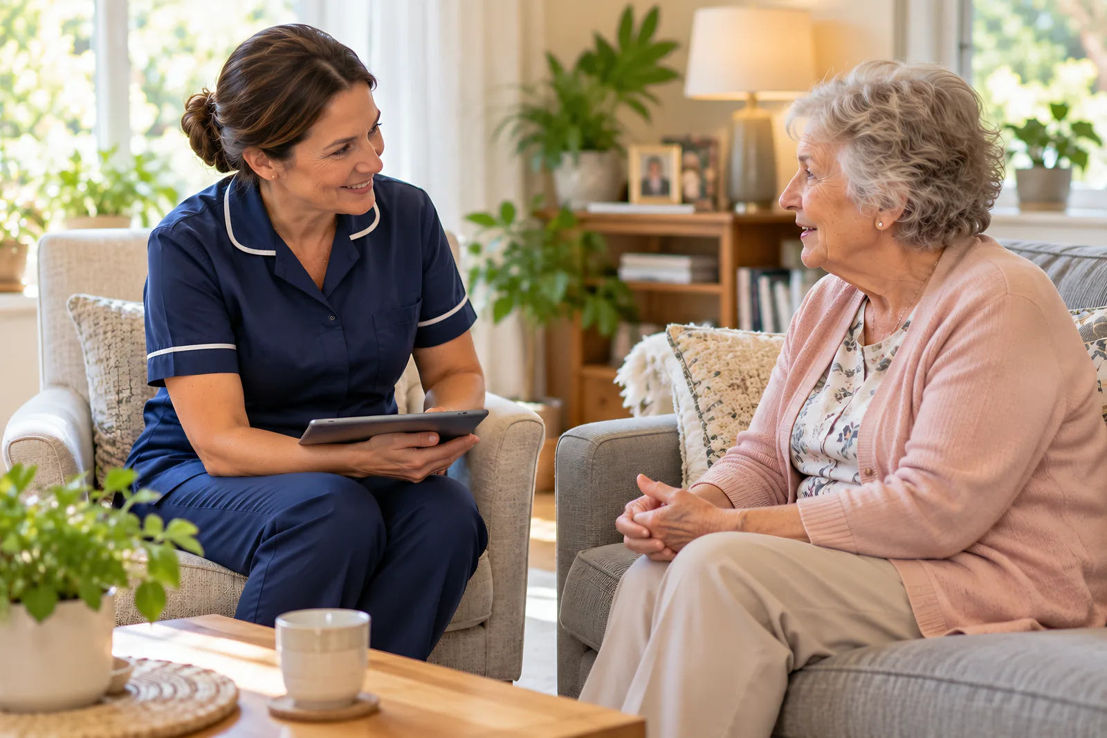 Community nurse with a tablet listening to an older woman in her living room