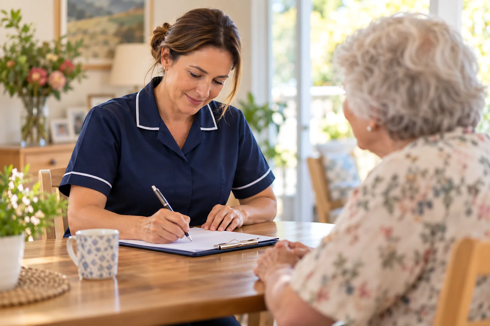 Community nurse writing notes on a clipboard at a client's dining table