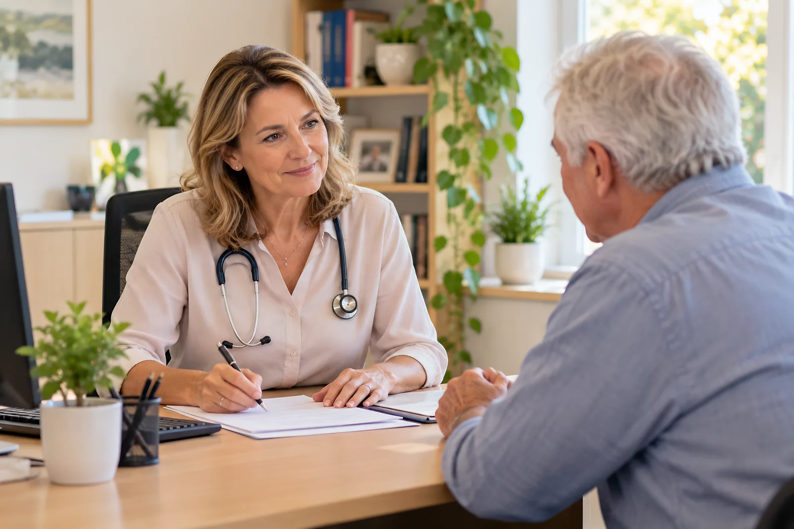 GP writing a referral at her desk while talking with an older man