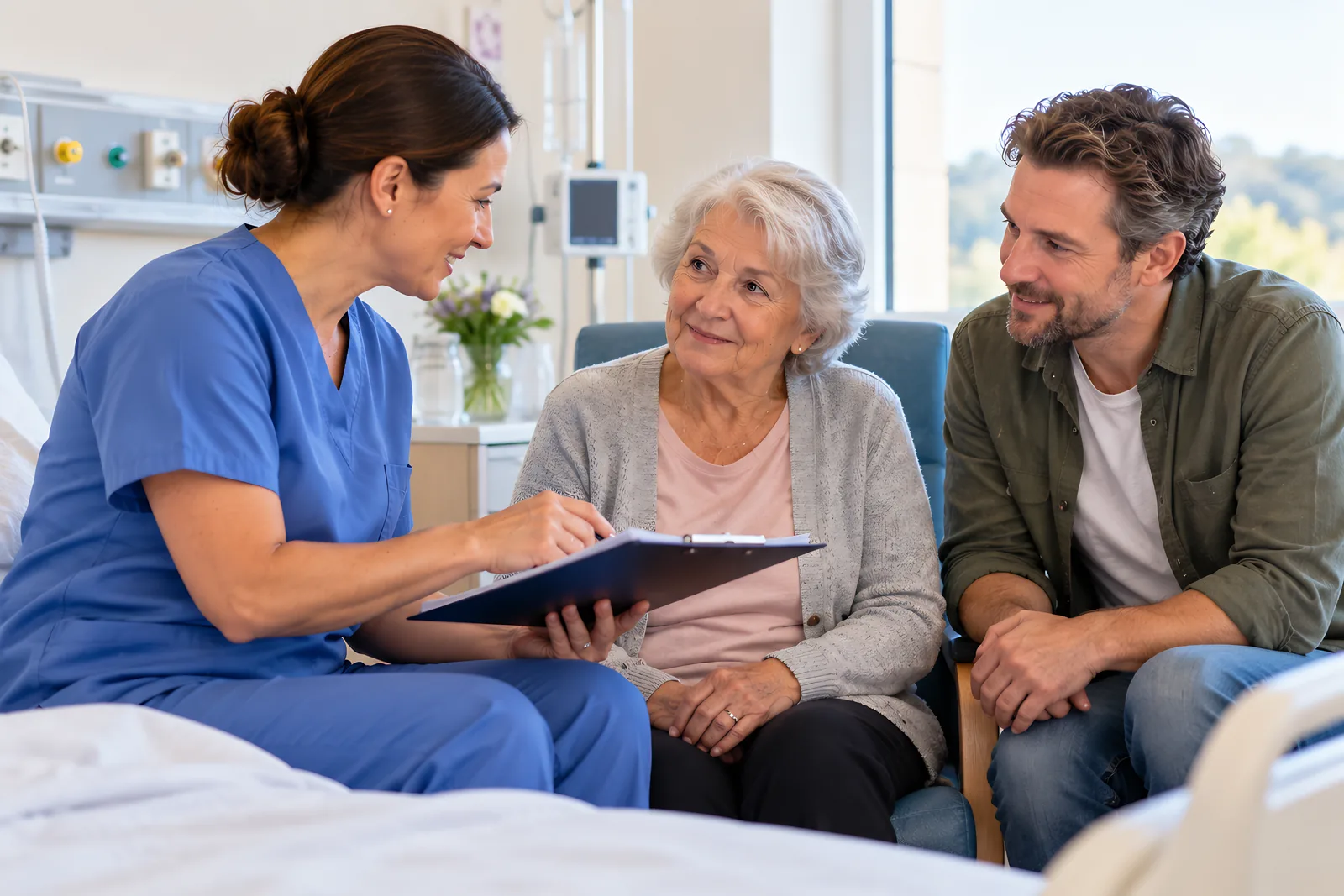 Hospital nurse going through a checklist with an older woman and her son
