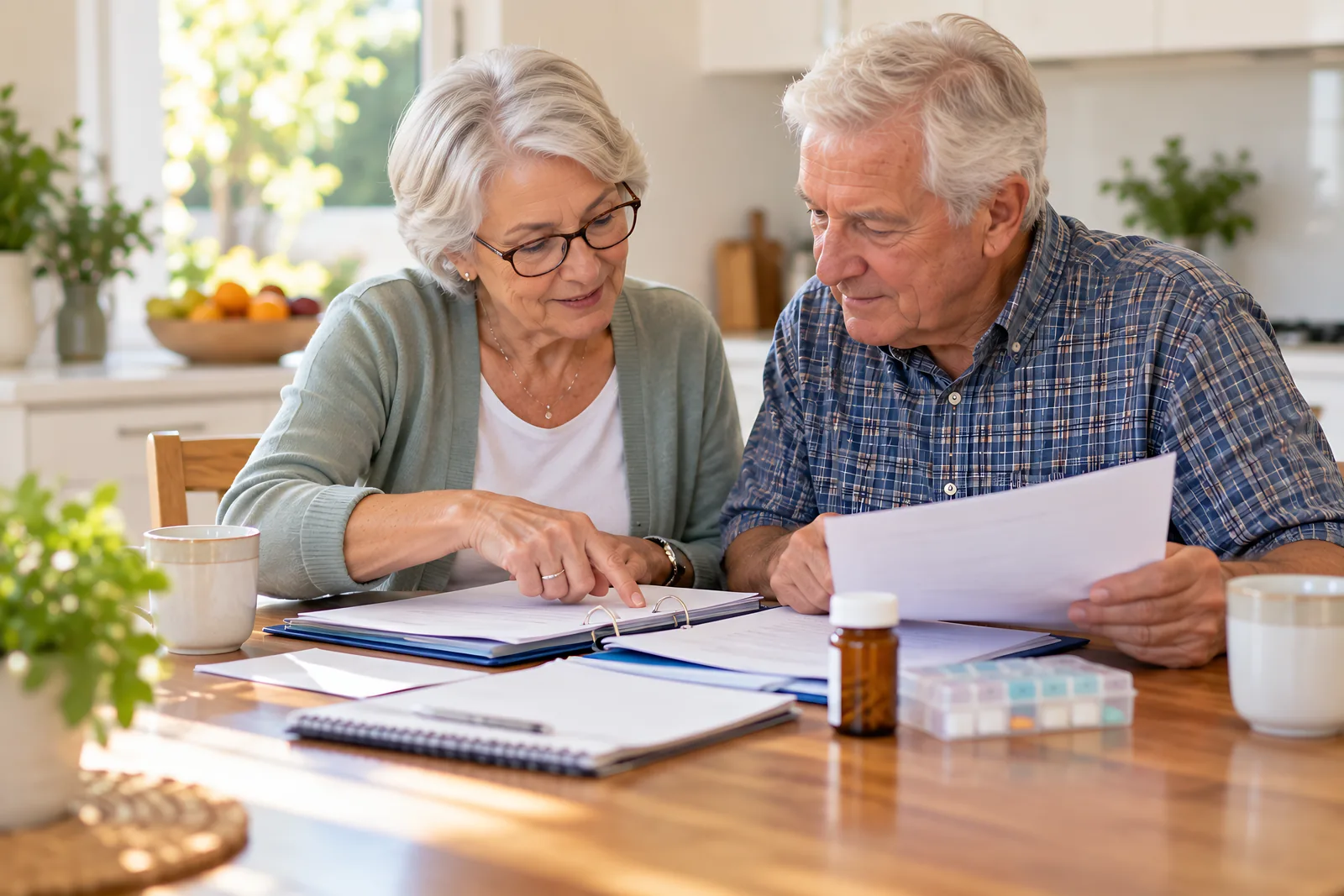 Older couple sorting papers and a medication list at the kitchen table