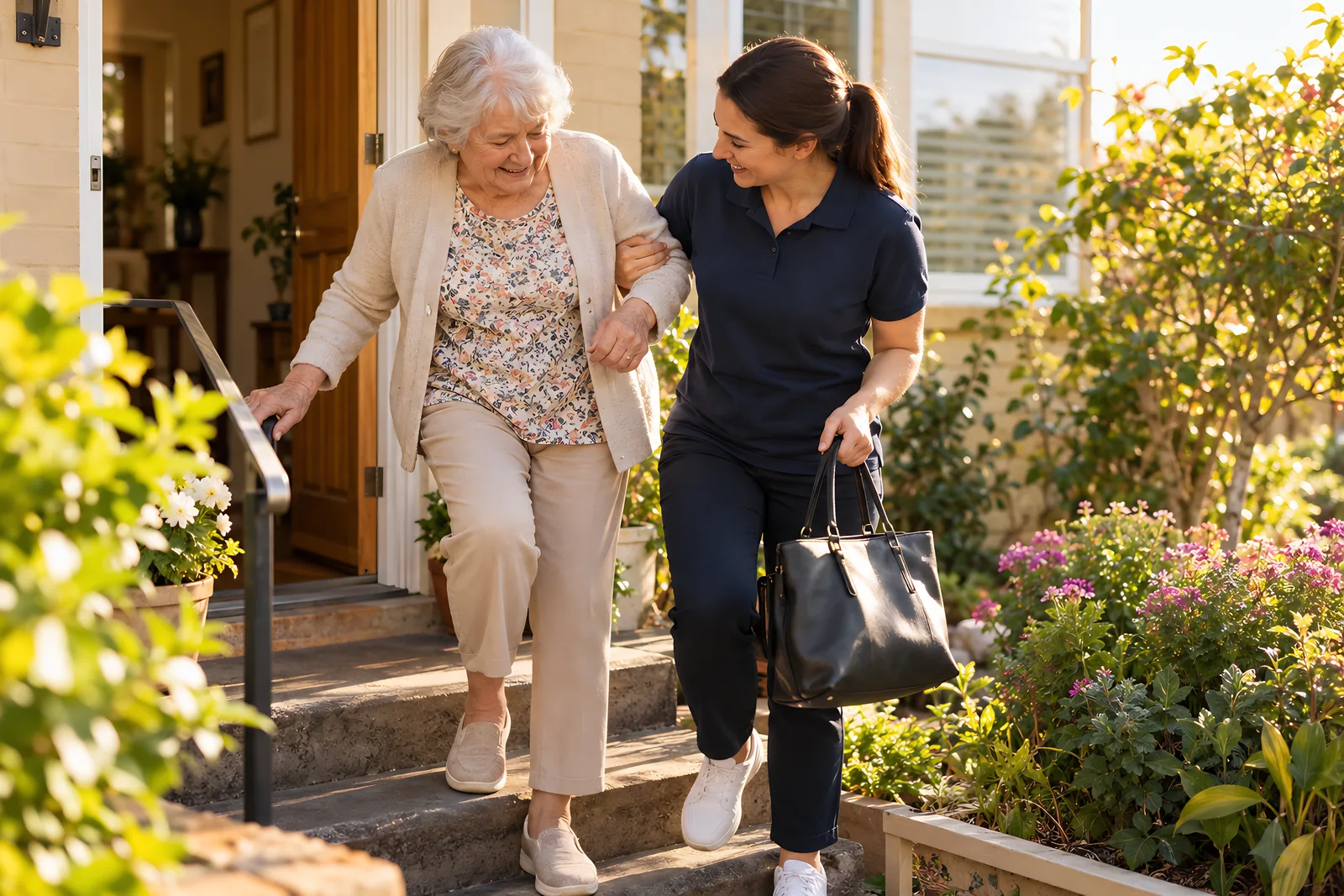 Support worker helping an older woman down the front steps of her home