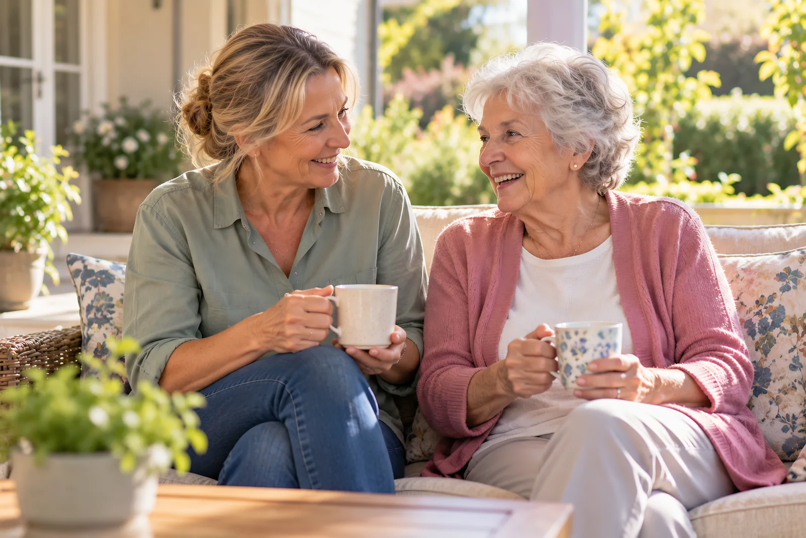 Adult daughter and her elderly mother laughing over tea on the sofa
