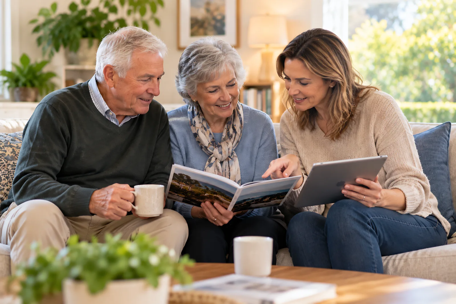 Older couple and their adult daughter reading an information booklet and tablet together