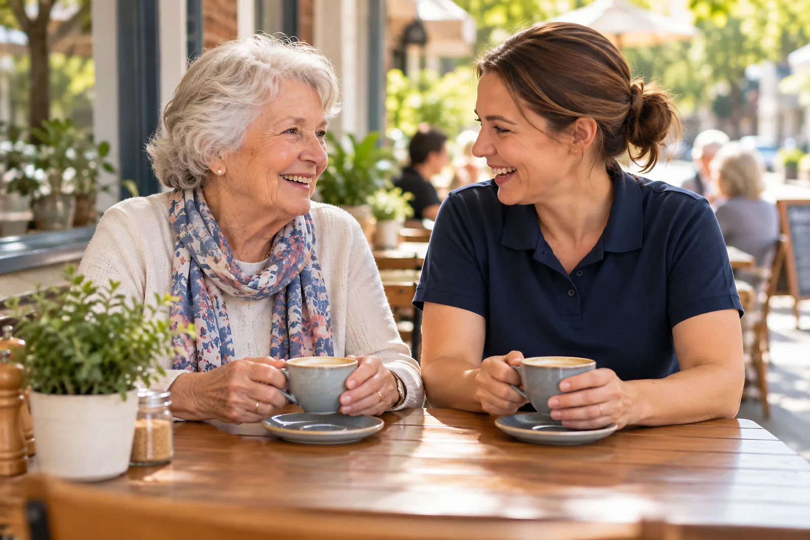 Older woman and a support worker chatting over coffee at a local cafe