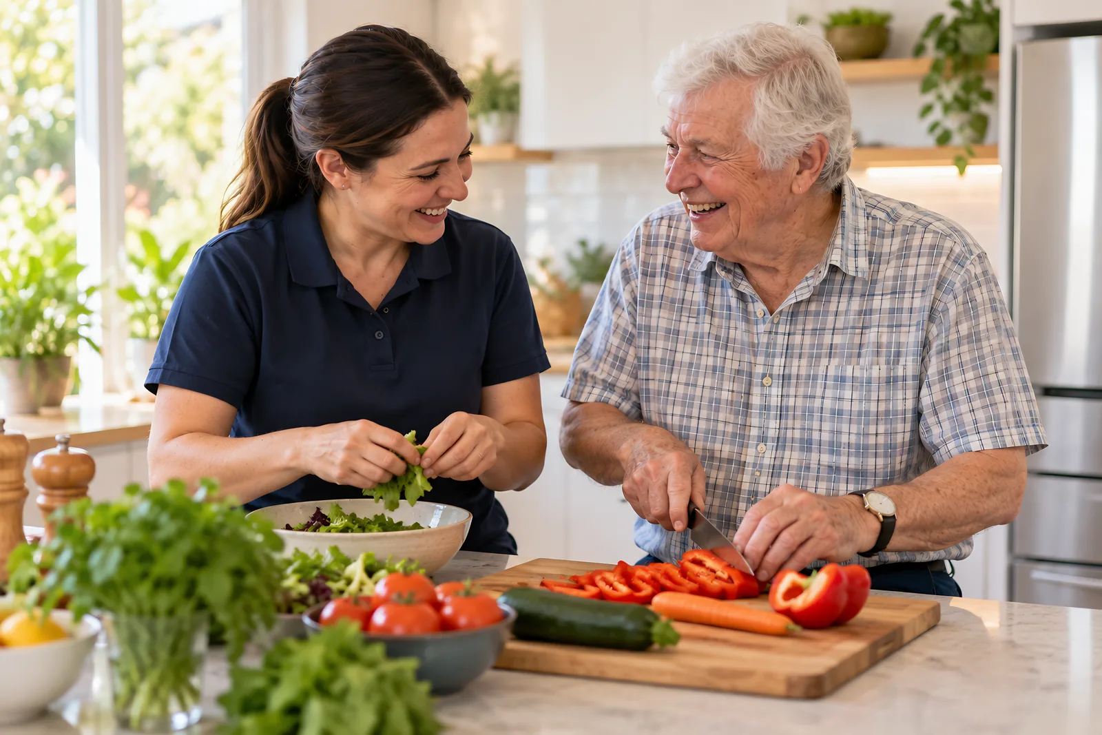 Support worker and an older man preparing vegetables together in his kitchen