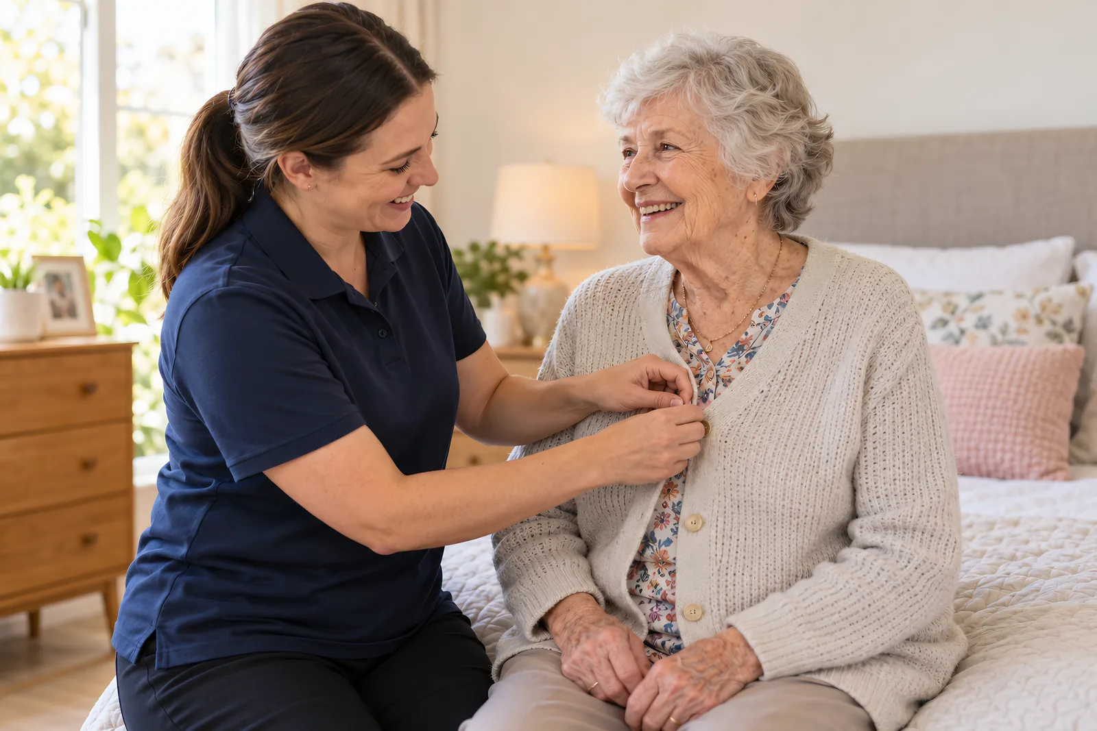 Support worker helping an older woman button her cardigan in her bedroom