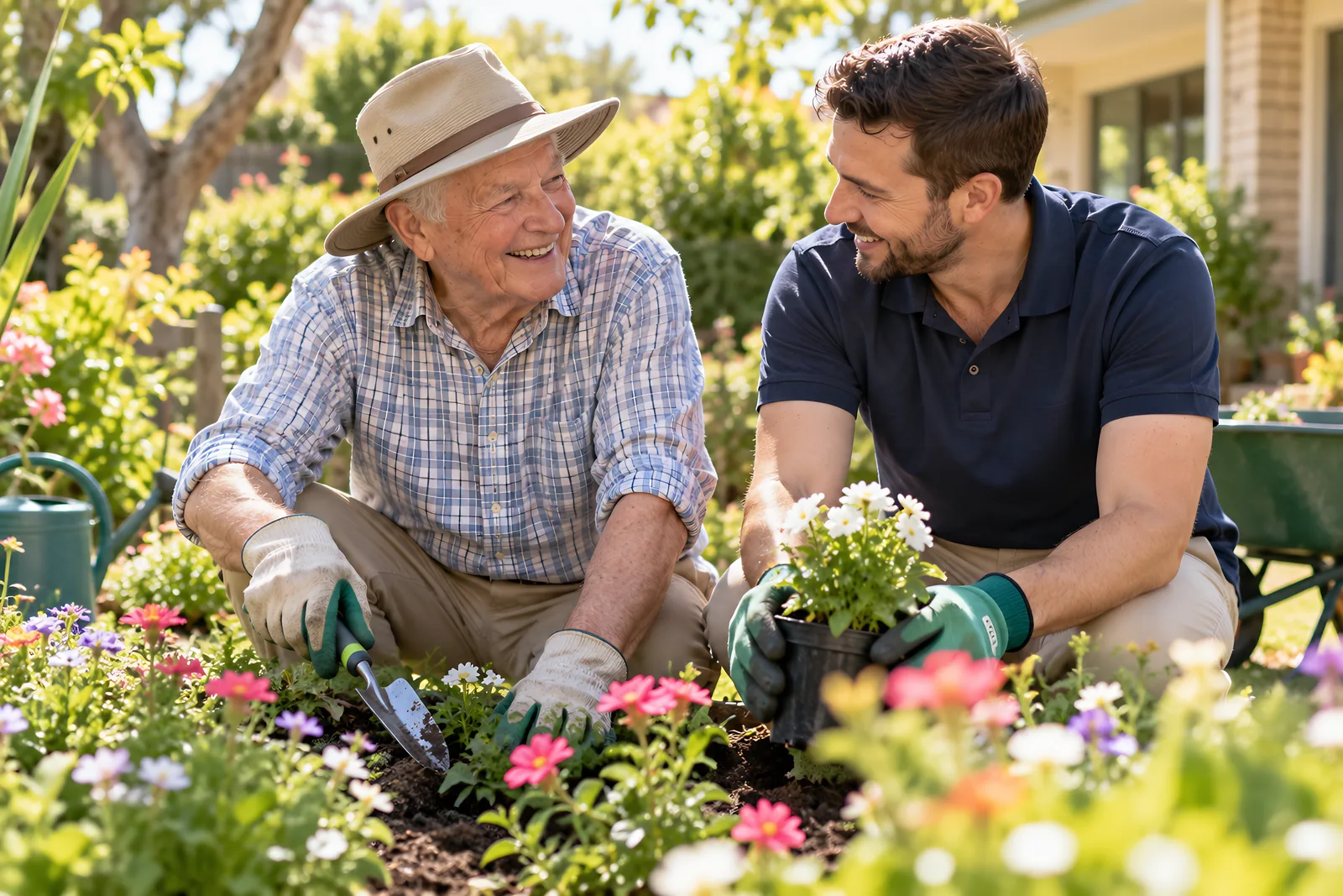 Older man in a sun hat gardening with a support worker