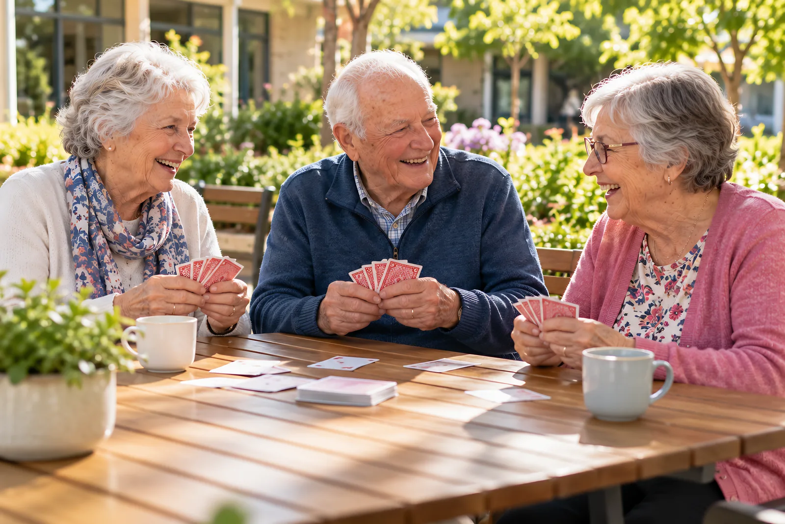 Three older friends laughing over a card game at an outdoor table